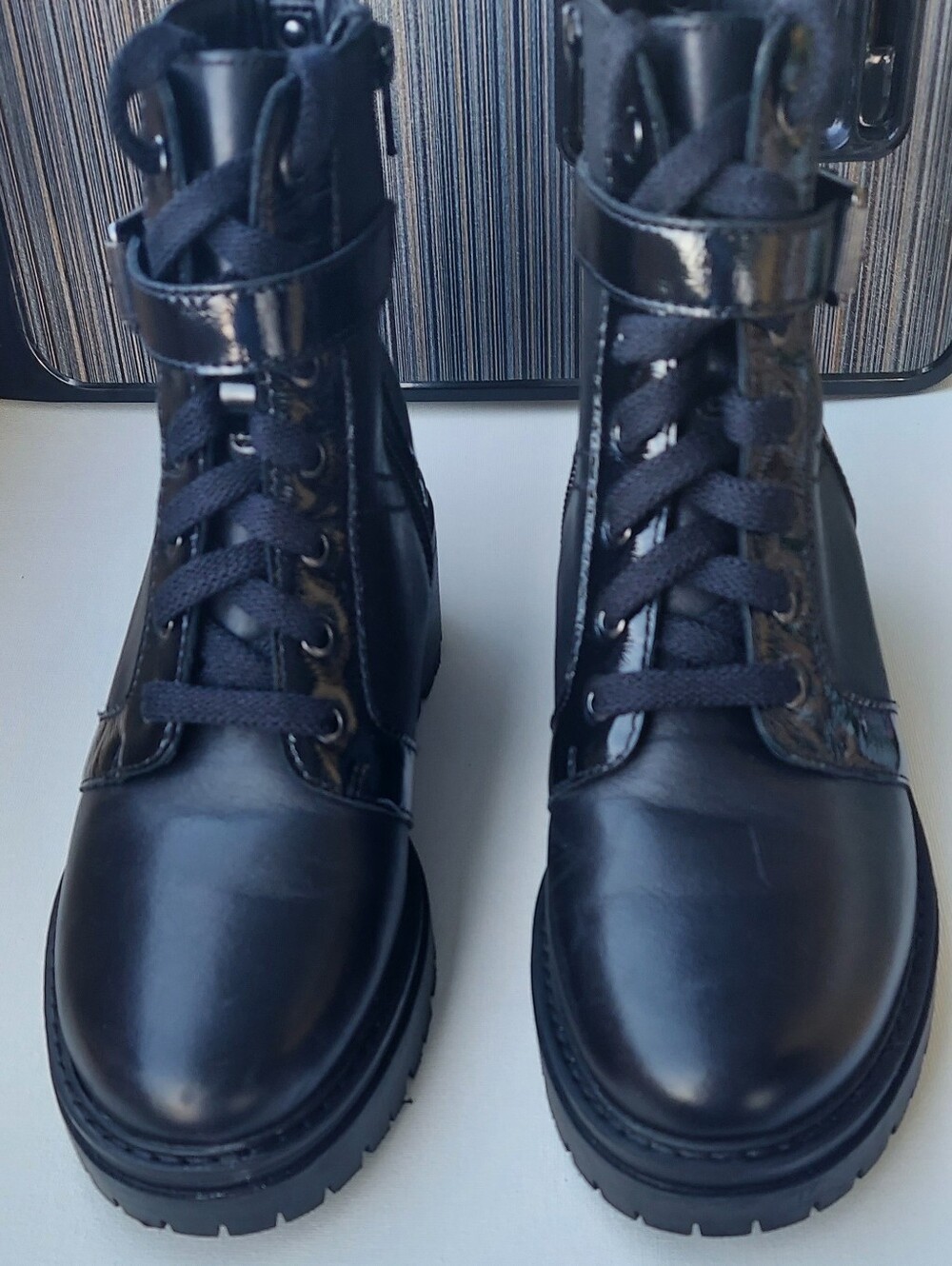 Naturalizer Black Women's Lace-Up Combat Boots with Patent Panels